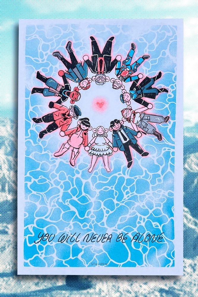 the characters from death stranding 2 in a circle on a blue water background with the text “you will never be alone”