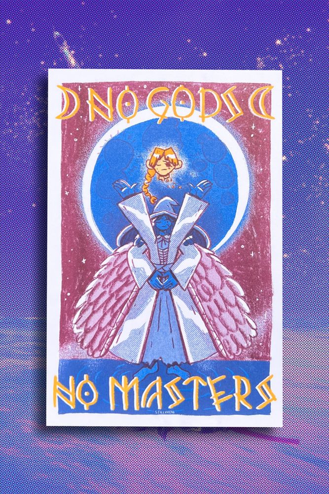 burgundy blue and gold print of Ranni holding Marika’s head aloft in front of the moon with the text NO GODS NO MASTERS