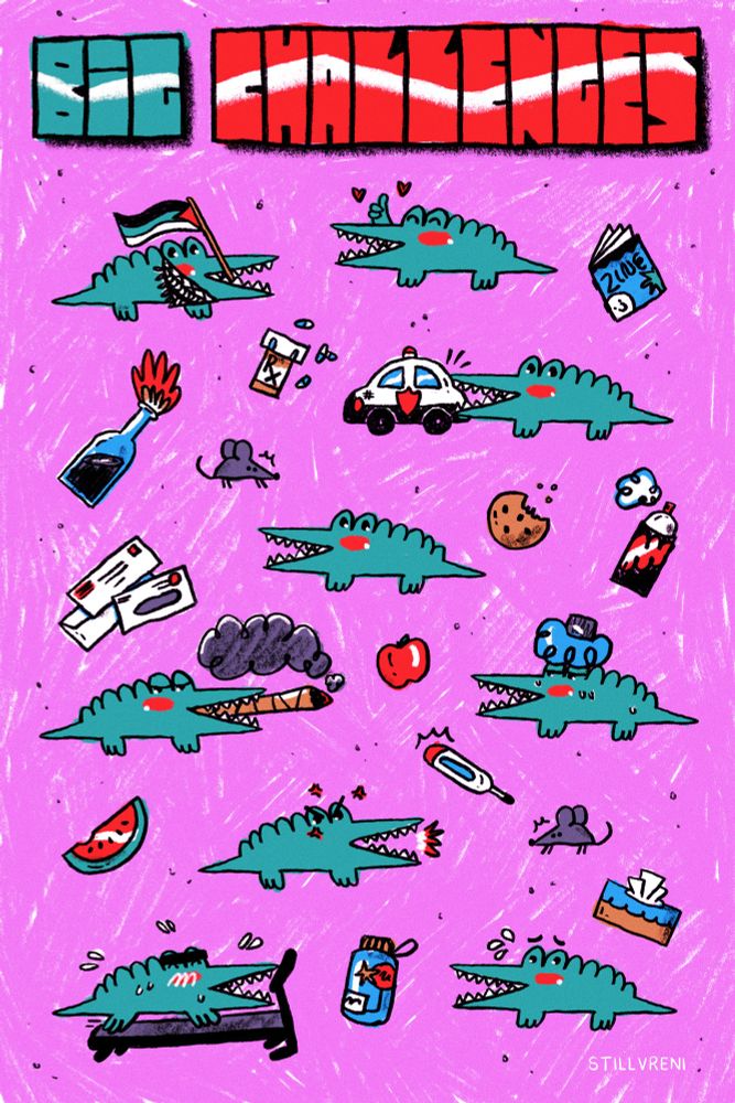 a sheet of planner stickers of big challenges on a purple background chomping a cop car, smoking a blunt, going to the gym, with a collection of everyday items