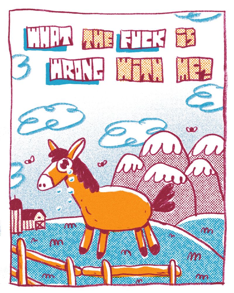 poorly drawn horse crying in a field
“WHAT the FUCK is WRONG with me?”