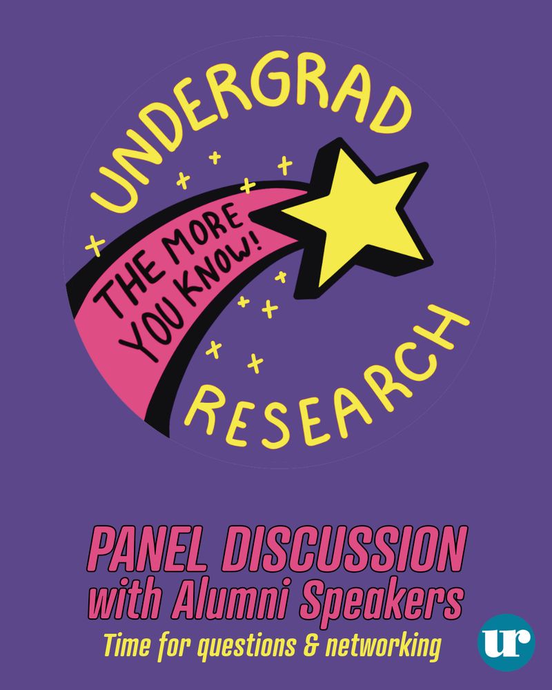 Yellow Text in a circle "Undergrad Research" A star travels through space with a pink path behind it that says "The more you know!". Bottom headline text reads: "Panel Discussion with Alumni Speakers. Time for questions and networking."