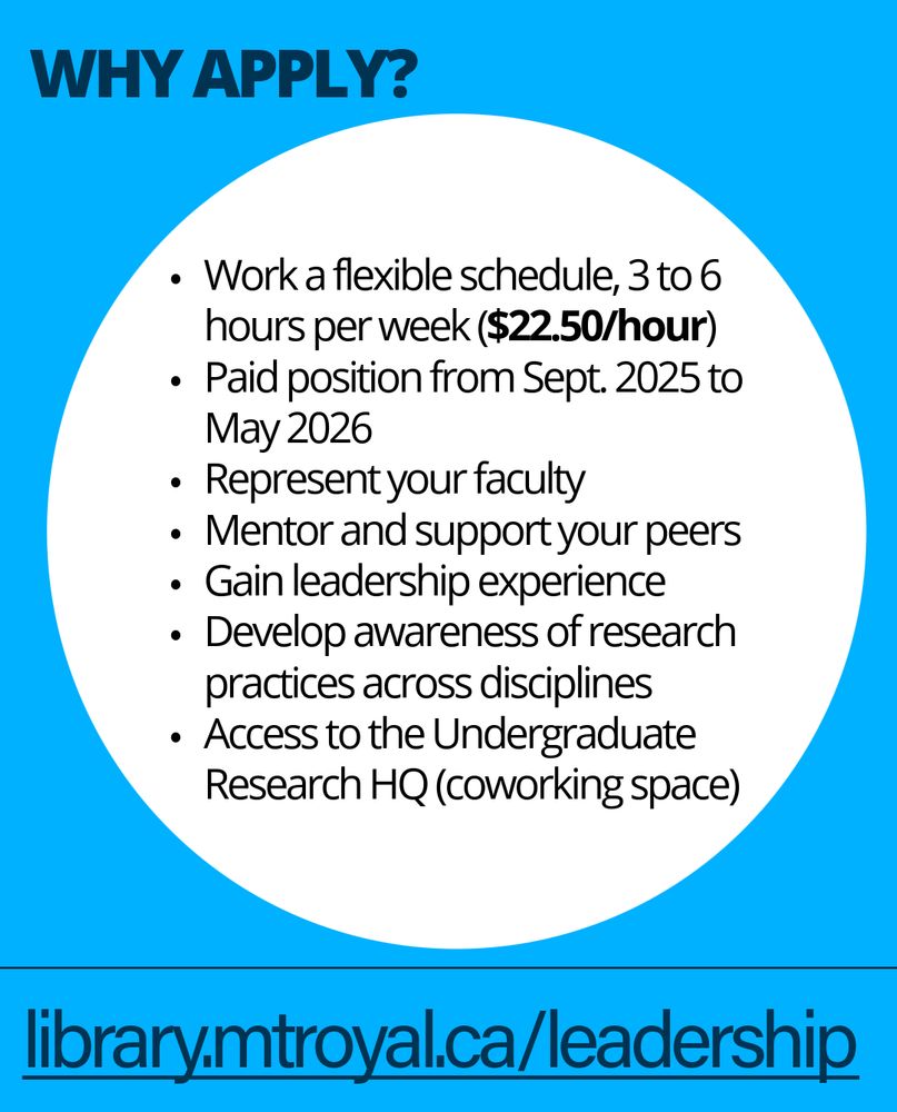Promotional flyer for a library position. Highlights include a flexible schedule at $22.50 per hour, employment from September 2025 to May 2026, mentorship opportunities, interdisciplinary collaboration, and access to the Awareness Research HQ coworking space. For more details visit library.mroyal.ca.