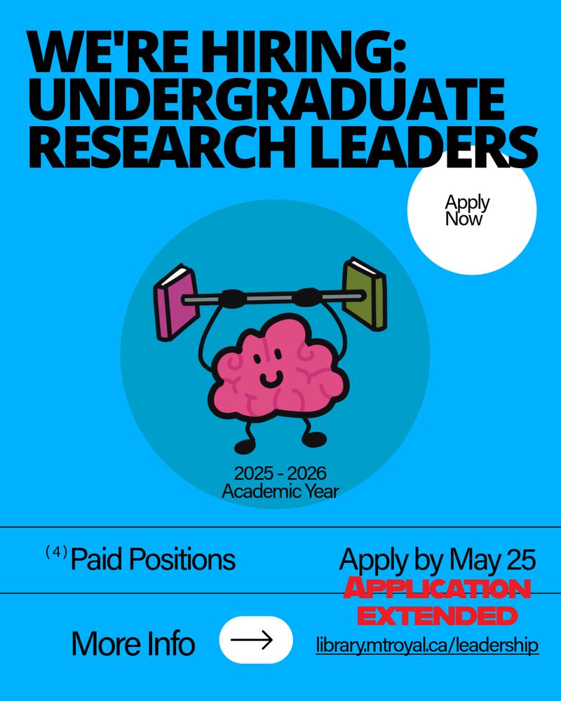 Promotional poster for undergraduate research leader positions at the library, featuring a cartoon brain lifting a barbell, with text announcing 4 paid positions for the 2025-2026 academic year and an extended application deadline to May 25. Includes a link for more info at library dot m t royal dot ca forward slash leadership