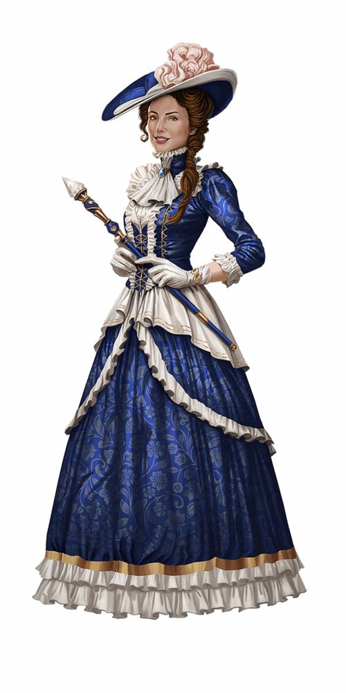 A woman with brown braided hair in a blue and white victorian dress with a blue hat bearing pink flowers on the brim holds a blue and gold staff with a diamond tip.