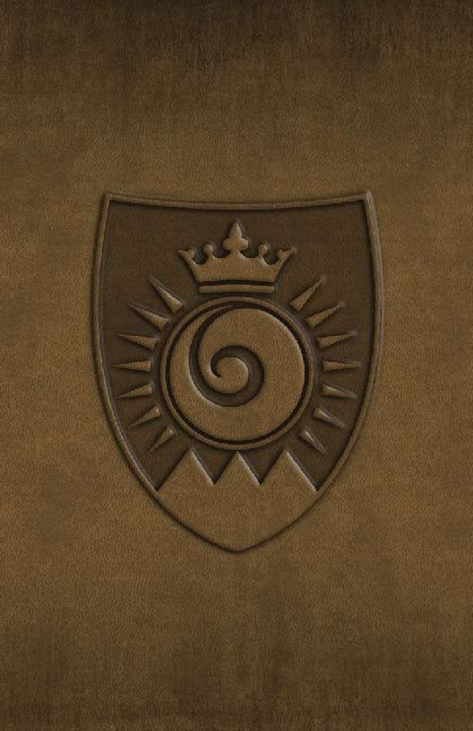 On a brown leather background is an image of a shield with three mountain peaks on the bottom, a spiral in a circle with accent lines on either side of it and a crown on the top.