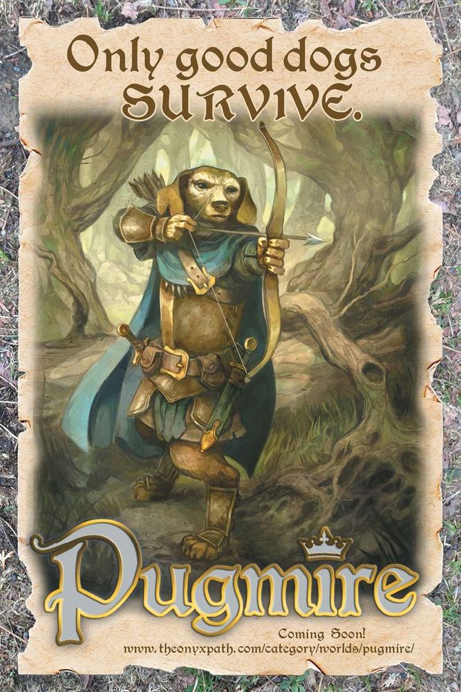 An anthropomorphic dog in leather armor with a cloak holds a bow and arrow in the forest. Text reads Only good dogs SURVIVE. Pugmire Coming Soon!