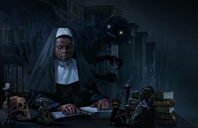 A black woman in a nun's habit sits at a desk with several books, melted candles, and a human skull. Behind her a shadowy figure with glowing eyes and irregular white teeth floats.