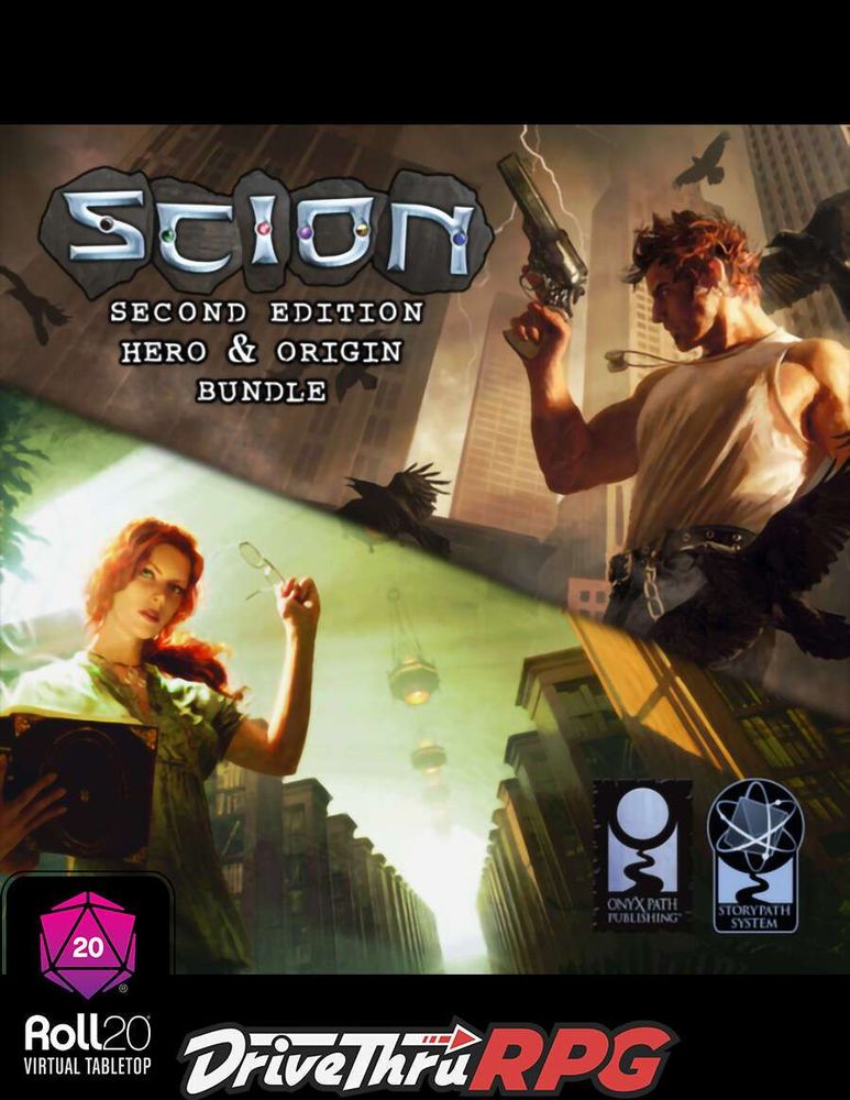 A red-haired man holds a large revolver. A pair of ravens fly near him. The background is filled with skyscrapers. A red haired woman in a green shirt holds an open tome in one hand and a pair of glasses in the other. She stands in a massive library. Text reads Scion Second Edition Hero & Origin Bundle Roll20 DriveThruRPG