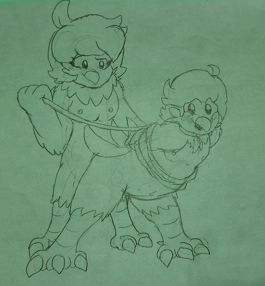 Plague Birb, my selfsona, tied up with soft rope and a leash as Martlet softly fucks me with her cock (no strap-on). Both characters are nude and loving it