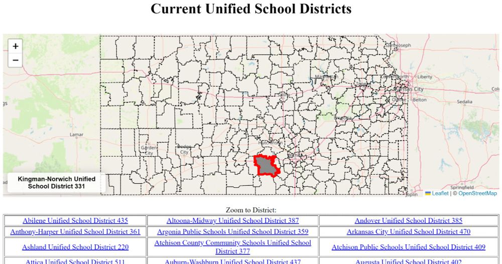 site screenshot with a map of Kansas's current unified school district map