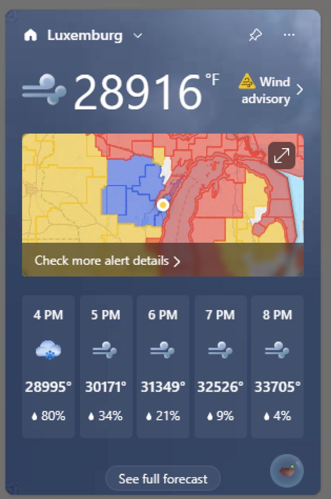 An image of a weather widget showing current weather conditions in Luxemburg, Wisconsin, US. The current temperature is 28916 degrees, and is expected to increase to over 31000 degrees in a few hours.