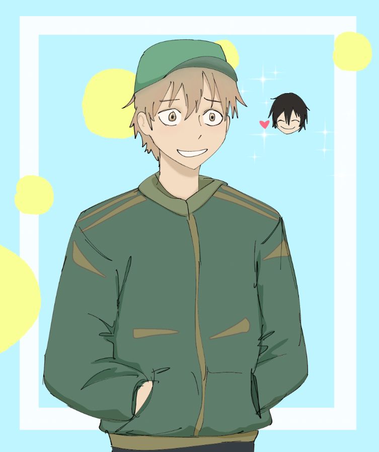A simple colored fanart of Shun Hashimoto from Seaside Stranger. A cute little mio head is floating beside him. 