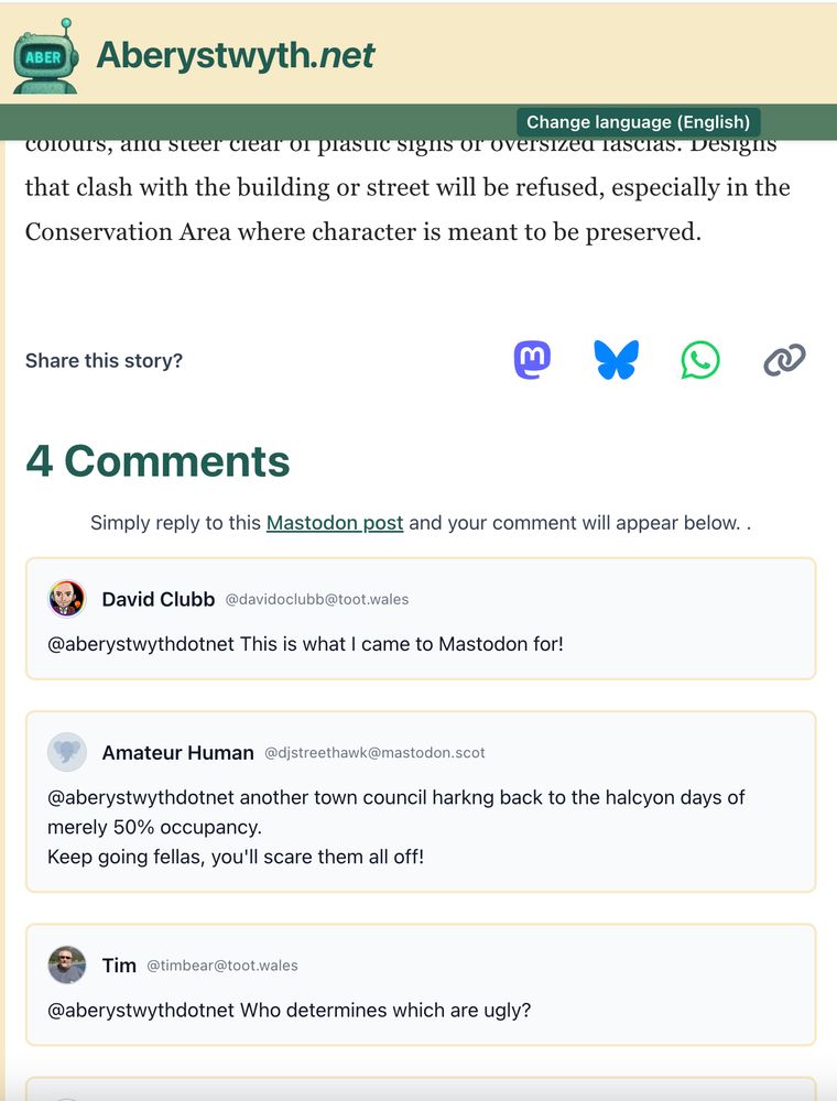 A screenshot displaying mastodon comments on aberystwyth.net using open fediverse apis