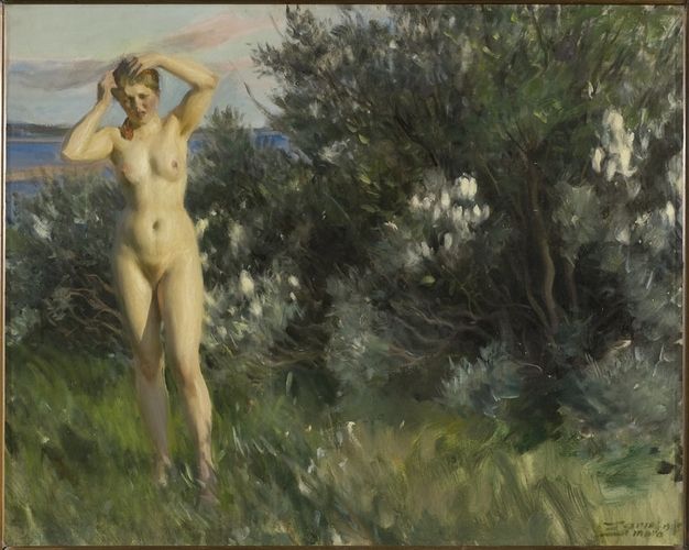 Anders Zorn has come to be associated with paintings of nude young women bathing. In his early paintings on this theme, the women often seem unaware of the spectator. They are not posing, but are simply captured on canvas while undressing or concentrating on getting out of the water. This spontaneous character is naturally false, and the nudity is a vital element in the painting. Nevertheless, these paintings are not primarily erotic; instead, the emphasis is on the effect of light. The nude body is hazy, to serve as a sculptural shape in the play of light and shadow in the overall composition. By Lake Siljan from 1905, on the other hand, is an example of how the subject was eventually exploited and became more explicitly erotic. Here, the woman is facing the spectator frontally, with her body fully exposed. The summer sun is used purely as a spotlight and not for subtle effects.