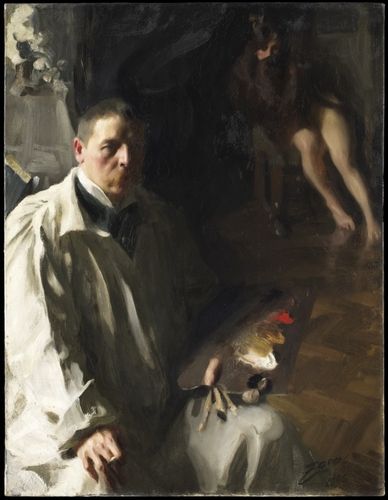 Dazzlingly bright slanting sunlight illuminates the artist’s white smock and highlights the side of his forehead. But Zorn’s studio is gloomy, and shapes and details are hard to discern. In the background, his model, an Italian girl, sits with her long, auburn hair wrapped around her. Zorn’s self-portrait was exhibited in Stockholm in 1897.