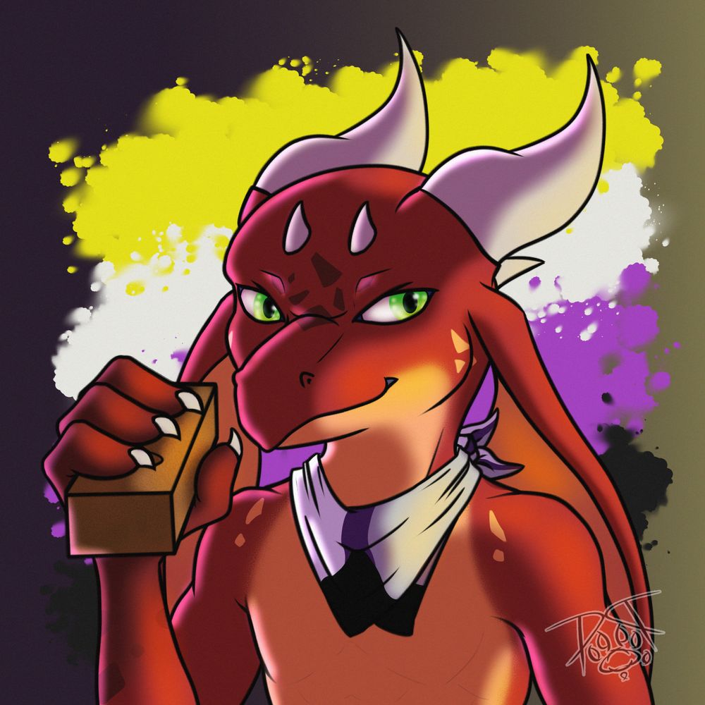 red kobold with bright orange belly and light grey horns, with a demisexual bandana, holding a brick, looking menacingly to the right on the background of the non.binary flag