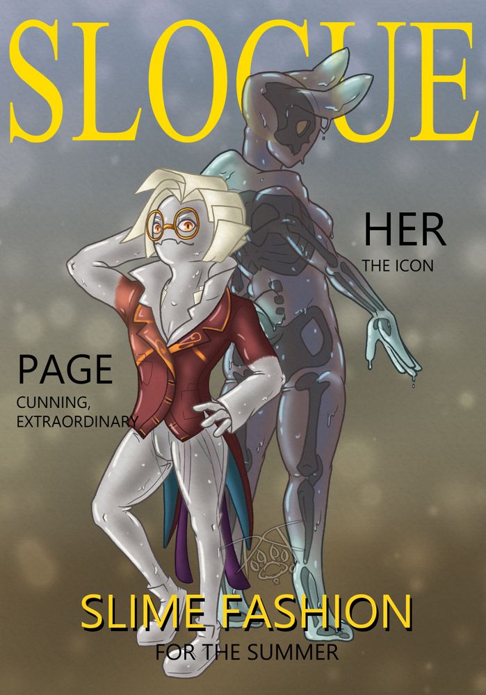 illustration immitating a vogue cover, there's two anthropomorphic slime characters on it, one in front is Page, a paper pulp slime in grey tones with sheets of paper for hair and a tailcoat made from colored paper, in the back is a thick bunny slime with visible bones through the whole body, they are mostly pale reddish purple with hints of light teal