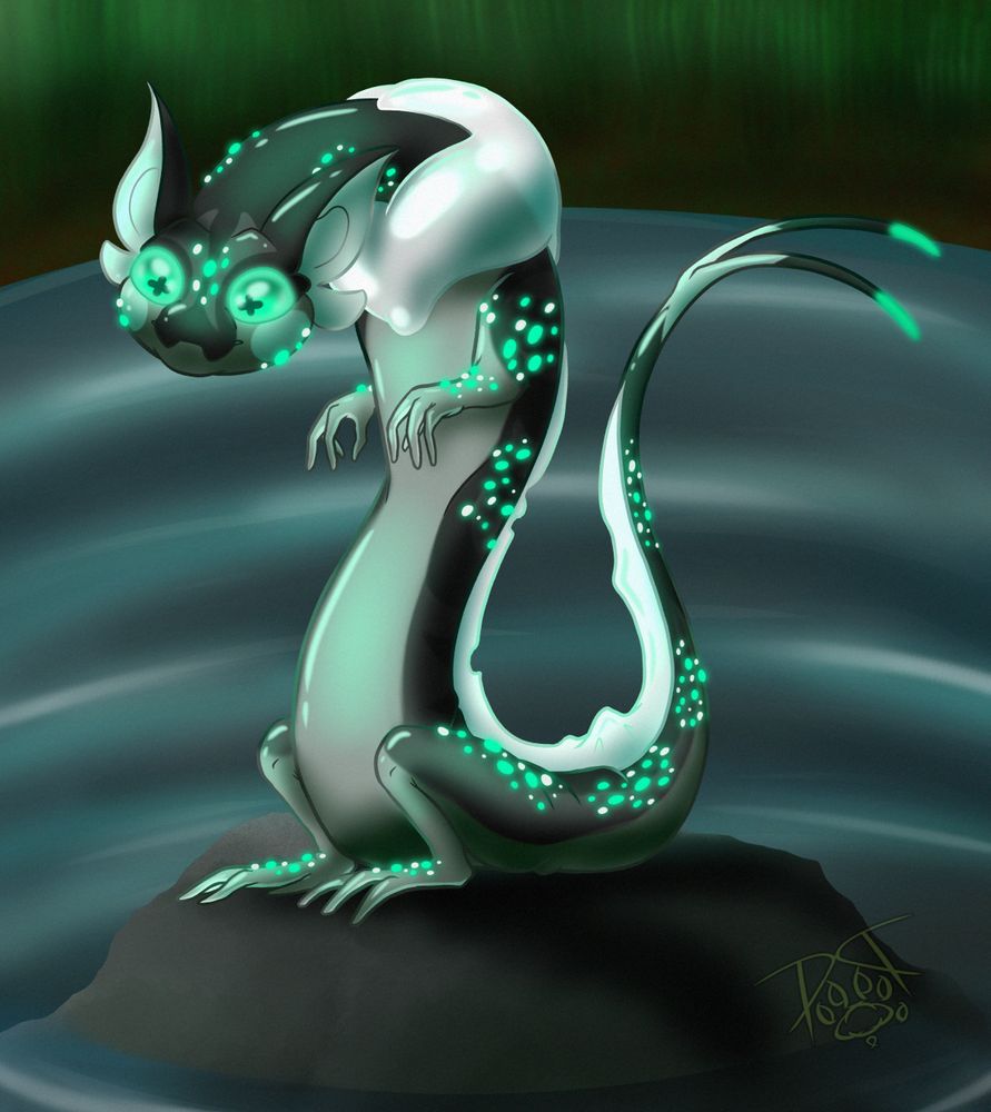 long amphibian creature in teal-tined shades of grey with glowing teal and white warts and a scarf like bubble around its neck, they are perched on a stone in a pond, curiously gazing upon whatever might be in the water beyond the canvas