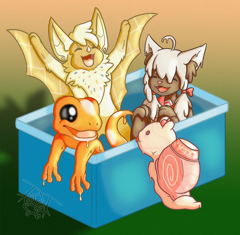 an orange icescream salamander, a beige and cream ice cream bat with wafer wings, and a choc and vanilla ice cream cat in a blue cooler and a strawberry ice cream snail outside trying to get in, they all have very happy expressions cuz it's a party 