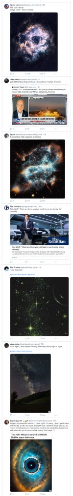 Zoomed out Bluesky feed showing many posts with photos of nebulae