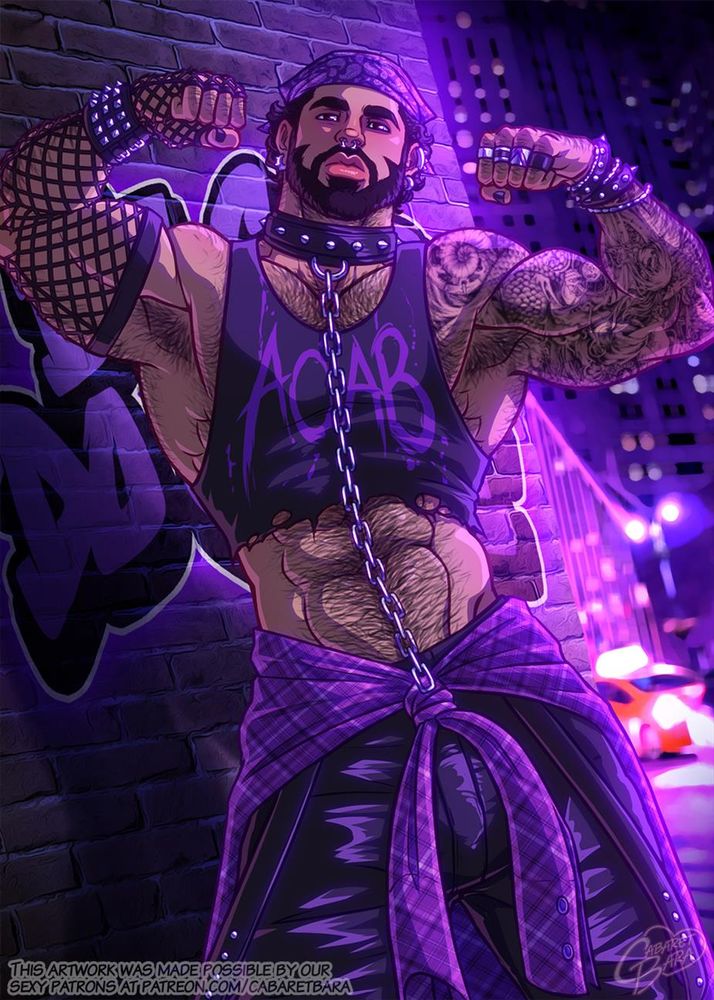 An alt version of Nik flexing in front of a brick wall tagged with the slogan "Be gay, do crime".