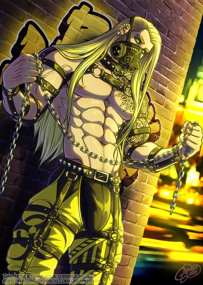 An alt version of Alek in front of a brick wall tagged with the slogan "Be gay, do crime".