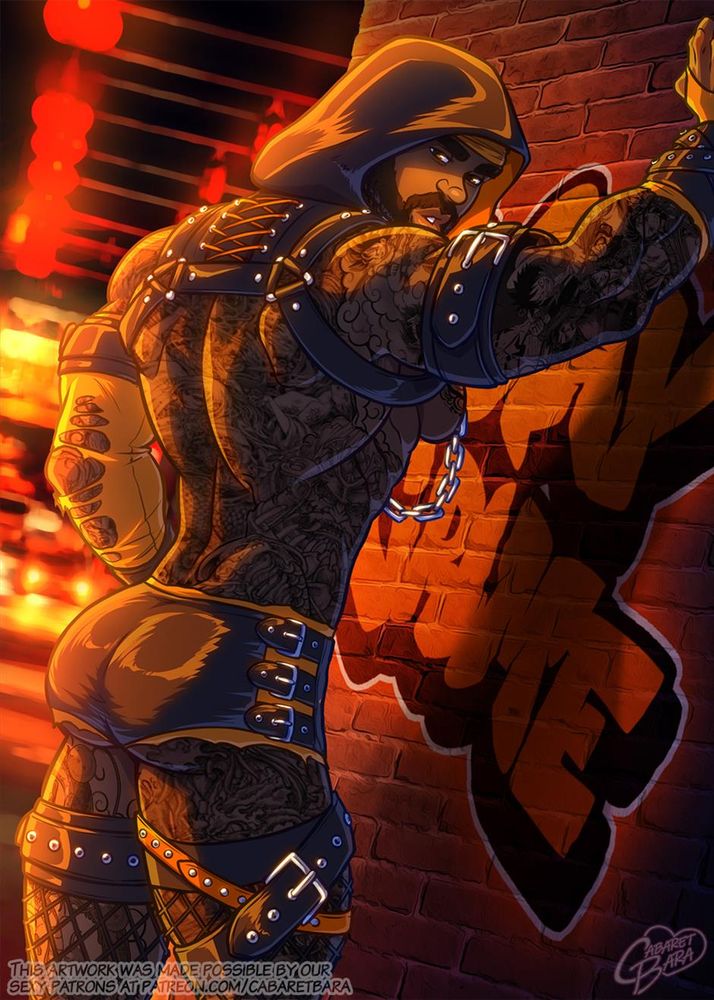 An alt version of Darryl leaning against a brick wall tagged with the slogan "Be gay, do crime".