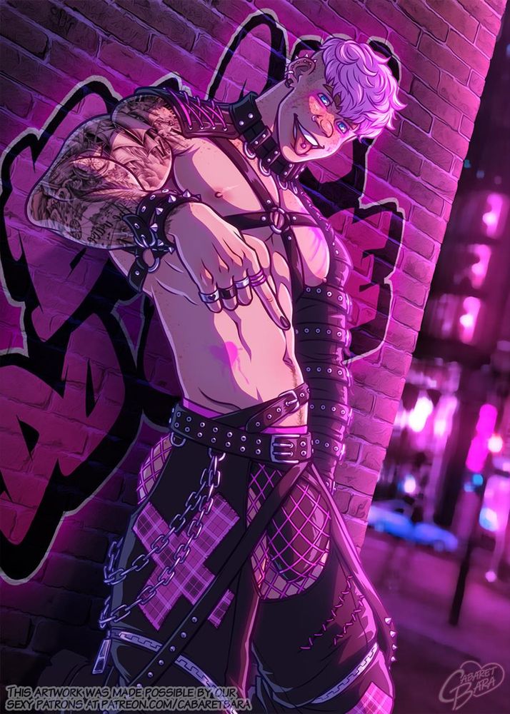 An alt version of Finn leaning against a brick wall tagged with the slogan "Be gay, do crime".