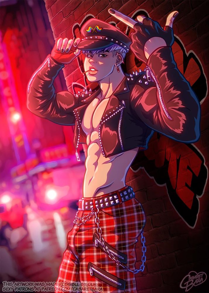 An alt version of Leon leaning against a brick wall tagged with the slogan "Be gay, do crime".