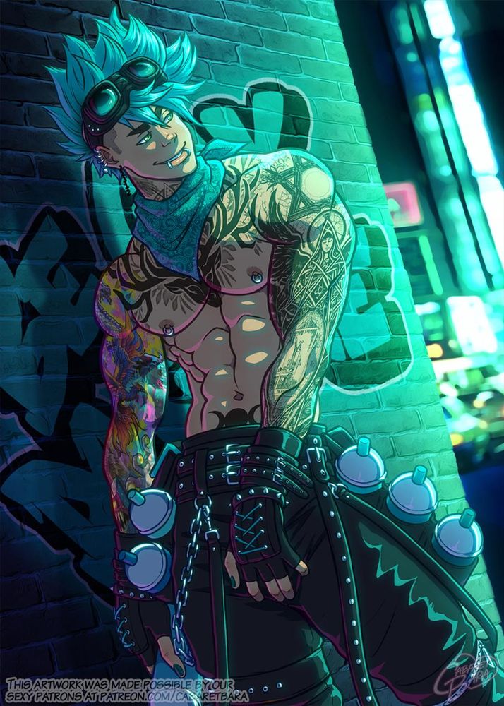 An alt version of Ben in front of a brick wall tagged with the slogan "Be gay, do crime".