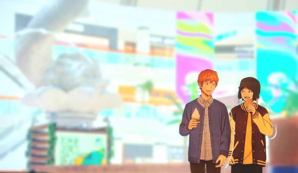 スプラトゥーン3のタラポートショッピングセンターで、大きなシャチホコのような噴水を背景にして並んだ来馬先輩と別役くんのアクリルスタンドの写真