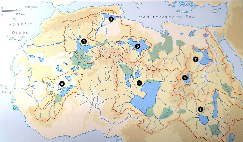 Topography of North Africa overlain with reconstruction of proposed megalakes, other large paleolakes, rivers, fluvial fans, and megalake catchments: 1. Ahnet-Moudir 2. Chotts 3. Fezzan 4. Timbuktu 5. Chad 6. Darfur 7. Tushka 8. White Nile. Tushka megalake was proposed but a reanalysis shows there is little evidence for it (Source: The World Atlas of Deserts and Drylands, (David Thomas ed.) Princeton Univeristy Press, 2024)