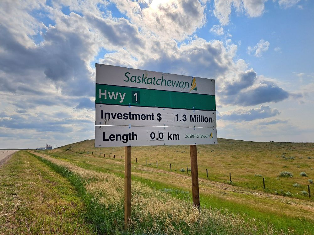 A sign I found travelling Highway 1, the Trans-Canada Highway, through Saskatchewan. It reads;
[Logo of Saskatchewan]
Hwy 1
Investment $1.3 Million
Length 0.0 km [Logo of Saskatchewan, again]