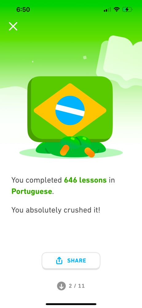 The image shows a green background with a stylized icon of the Brazilian flag in the center. Below the icon, it states:
“You completed 646 lessons in Portuguese.

You absolutely crushed it!”

A share button is visible beneath the text, along with navigation indicators showing “2 / 11.”