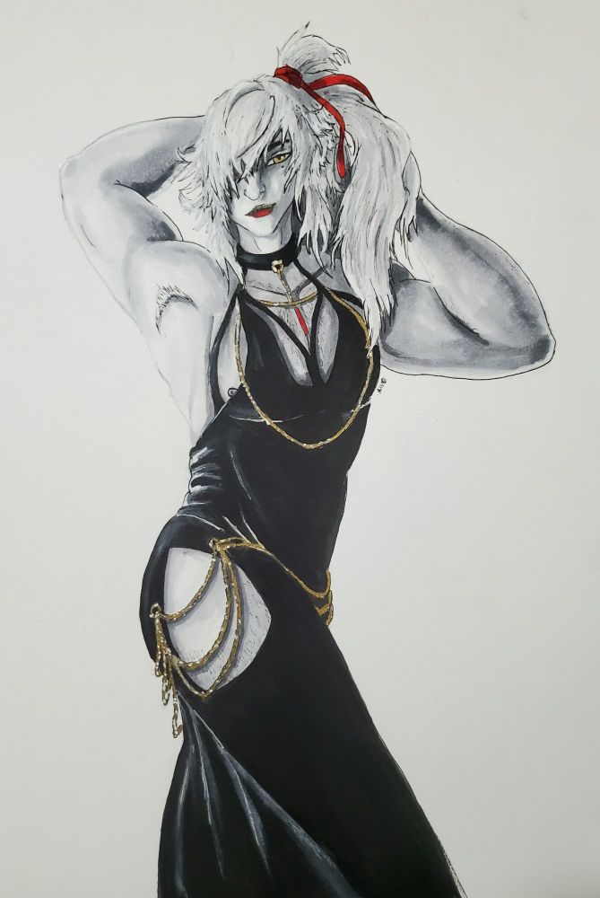 Jing yuan from Honkai Star Rail in a slinky black dress, adorned with thin gold chains and a large thick cut out