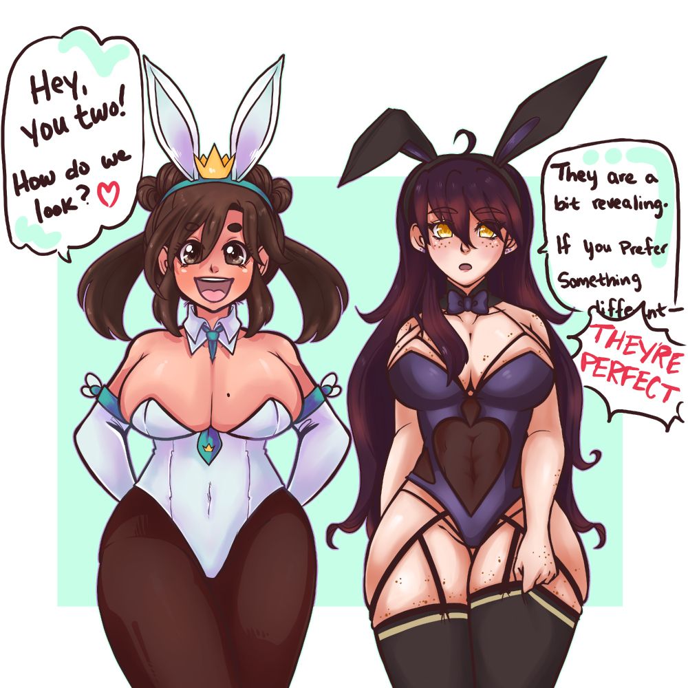 Hikari (left) and Raiyna (right) are drawn wearing some pretty revealing bunny suits. Hikari asks Sora and Riku, "Hey, you two! How do we look? ♥"  while Raiyna says to them, "They are a bit revealing. If you prefer something different-" to which both boys cut her off by shouting, "THEY'RE PERFECT"