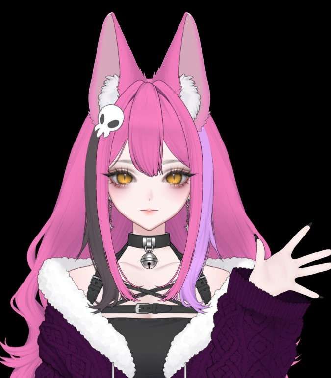 A pink haired fox girl with golden eyes. She is wearing a purple sweater with white fluffy trim over a black harness style top. She is wacing at the camera with a soft smile on her face.