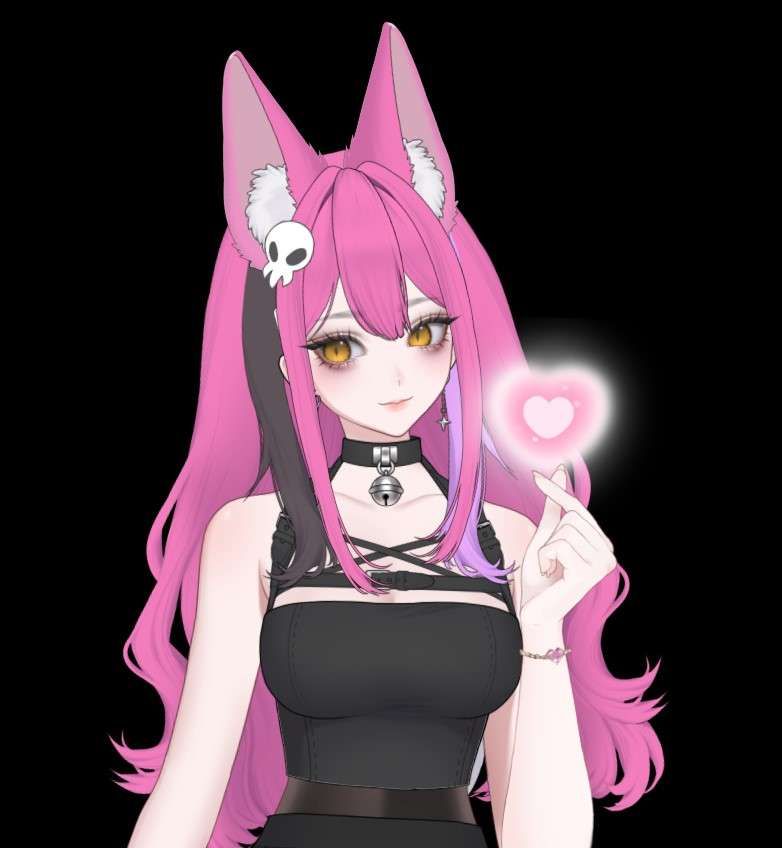 A pink haired fox girl in an alternative outfit. She has one hand up with her fingers like a heart, with a glowing pink heart above her hand. She is smiling softly at the camera.