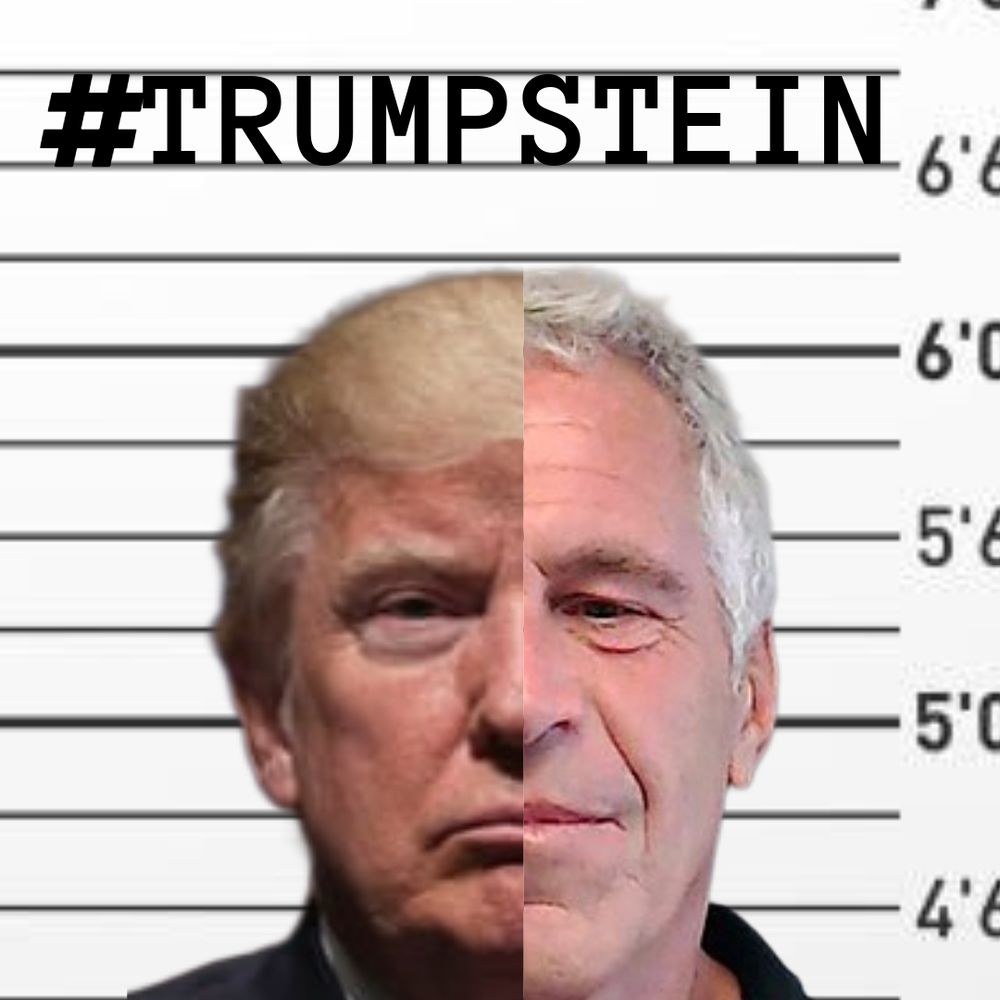 A face on a police lineup background, split between interloper Turmp and convicted human trafficker Jeffery Epstein, with the hashtag "#trumpstein" above it's head