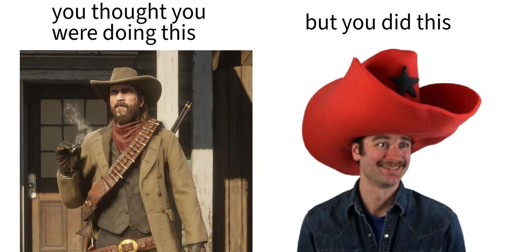 two images on a white background. the image on the left is a stereotypical rugged cowboy with text above reading "you thought you were doing this" and the image on the right, of a goofy looking man in a comically large cowboy hat, with text above reading, "but you did this"