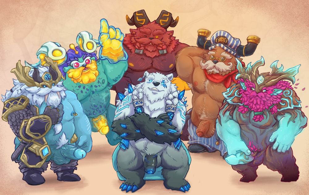 Volibear from league of legends is surrounded by ornn in all of his skins. They are all nude and in various states of arousal