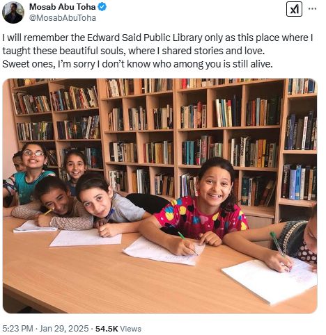 Palestinian children being taught in the Edward Said Public Library by Mosab Abu Toha