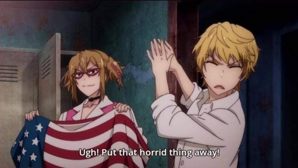 Scene from an unknown anime of a girl holding an American flag while a guy shields himself from it saying "Ugh! Put that horrid thing away!"