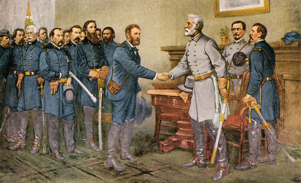 Print depicting Confederate General Robert E. Lee surrendering to Union General Ulysses S. Grant