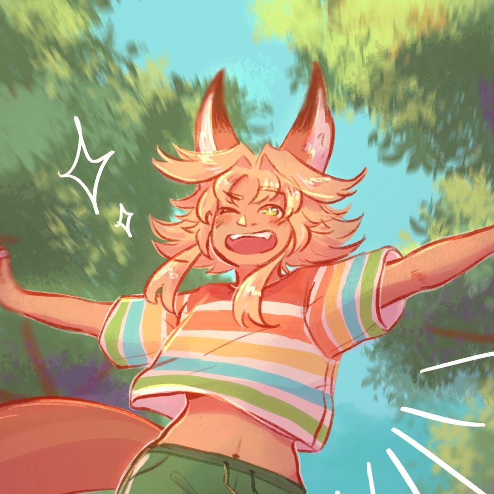 Zooming in to Uzuki’s face to show the details. She has blonde hair, very bright green eyes and the ears and tail of a red fox (as she is a Kitsune). 