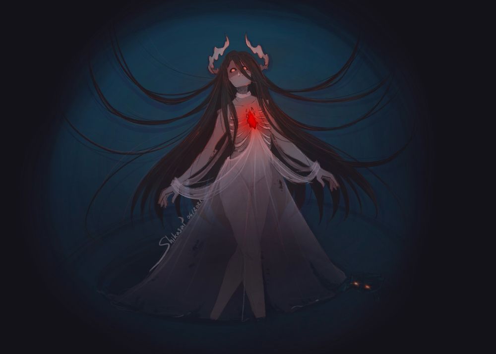 Digital colored sketch of a character inspired by the game Sky Children of the Light. She is tall, grey skinned, with very long black hair and red eyes. She also has wavy horns and a big bright red Eden shard bursting through her chest. You can see her ribs, her body almost see-through. She is surrounded by darkness, with a Crab by her feet, ready to pounce onto your Skykid. She looks very menacing. 