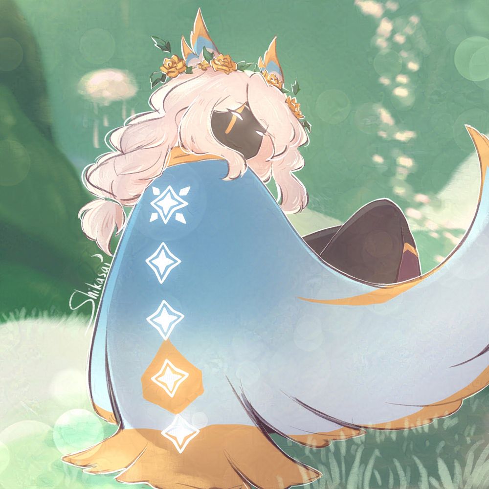 Digital drawing of a player character from the game Sky Children of the Light, looking over their shoulder towards the viewer while showing off their cape. Their cape has eleven markings on it, proof of the progress of the player. The character has long white hair loosely braided, with a flower crown and two small wings at the top of their head. Their cape is blue with orange accents and shaped like the wingspan of a bird. The eleven markings are bright white.