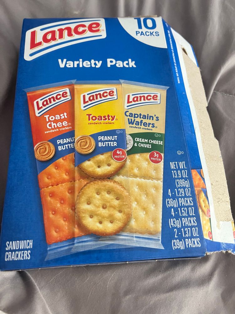 A variety pack of lance crackers including cheese and pb and cream cheese and chives 