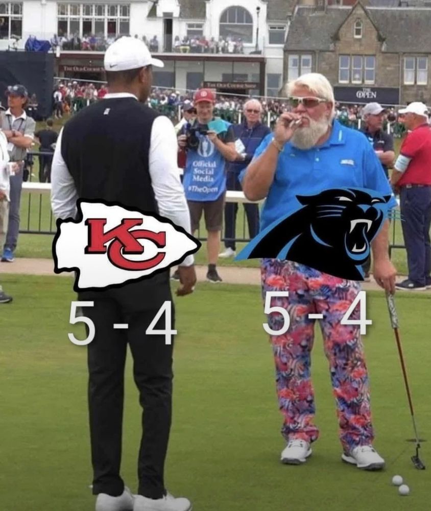 Tiger woods is on a golf course labeled as KC 5-4 and is facing a older white man who is smoking and wearing loud pants who is labeled Carolina Panthers 5-4