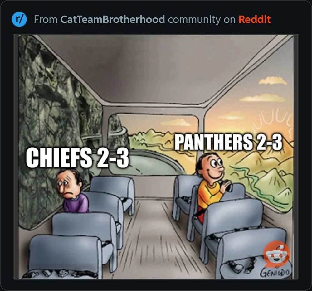 Meme showing chiefs fans being sad at 2-3 while panthers fans are happy at 2-3